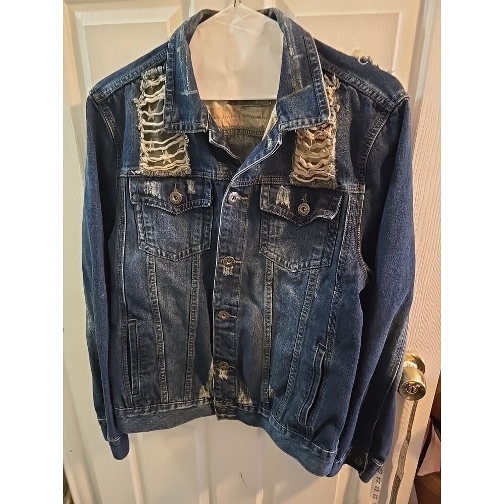 Carbon Women's Denim Jean Jacket American Theme Distressed Cotton Blend Large